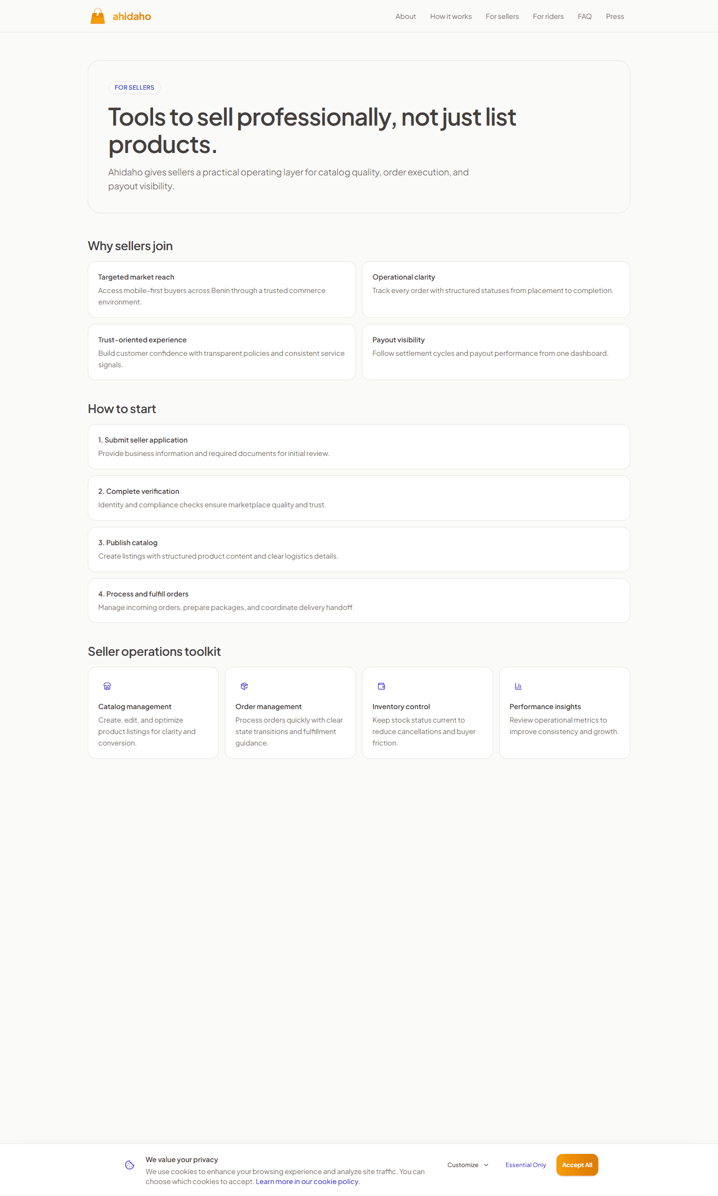 Ahidaho seller onboarding page capture
